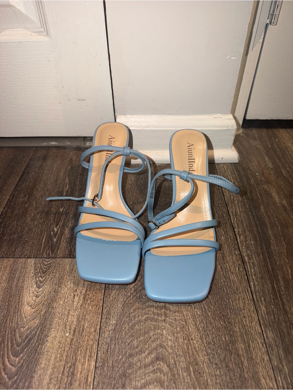 Blue Strappy Square-Toe Heeled Sandals